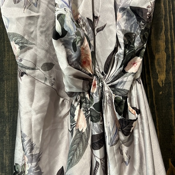 Sheike Halter Dress 8 Grey Silver Floral Satin Maxi Midi Boho Open Back Tie - Picture 3 of 11